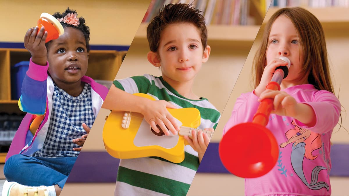 compilation of three kids smiling with instruments